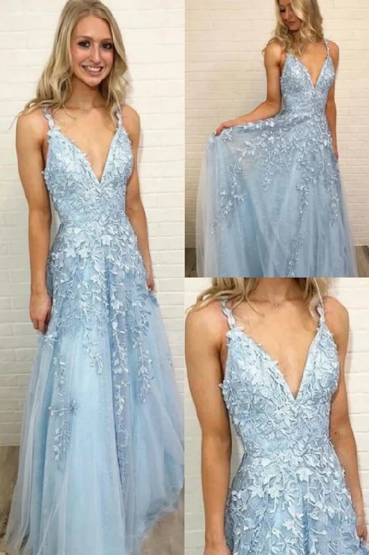 Tulle New V-neckTulle Appliques Lace Prom Dresses   cg16071