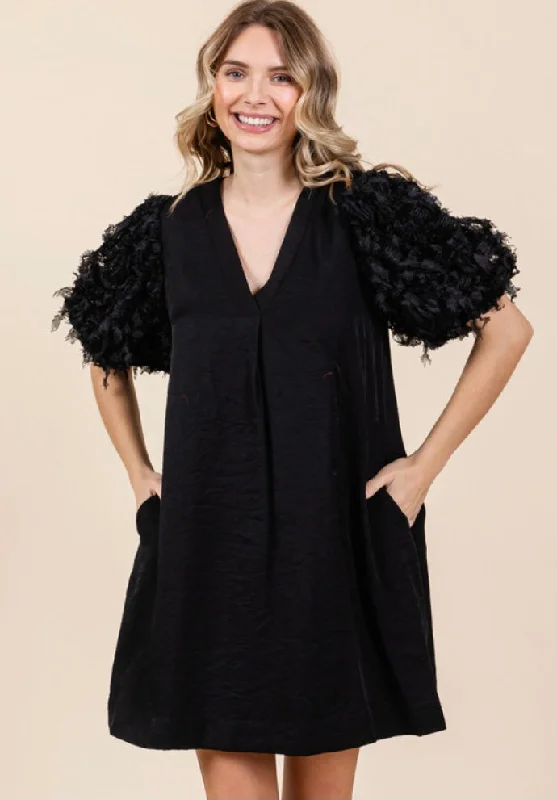 Black A-line Dress w/Frilly Sleeve