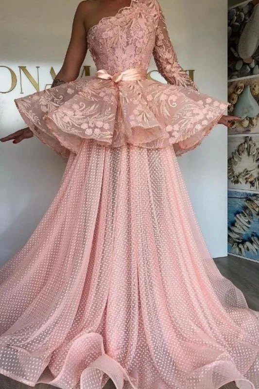 New One Shoulder Pink Tulle Lace Prom Dress On Sale    cg17009