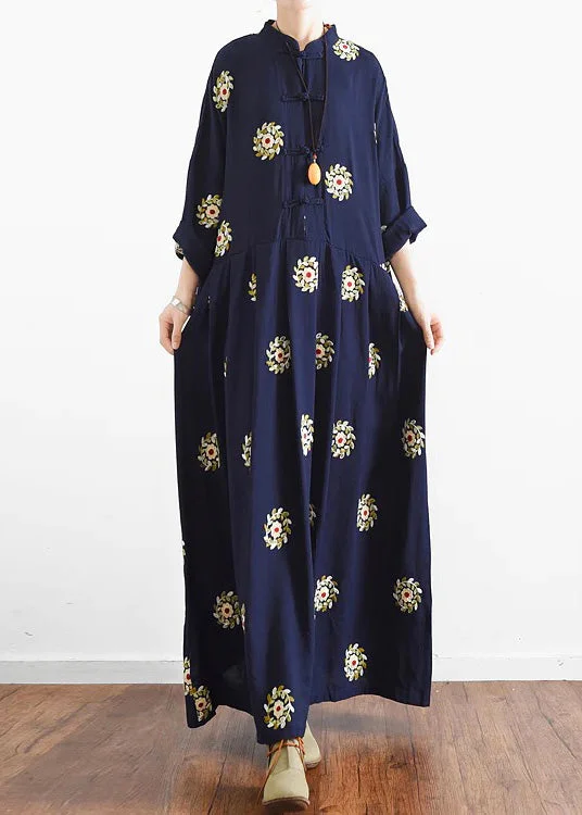 2024 fall Navy embroidered chiffon dresses oversized chiffon gown caftans traveling