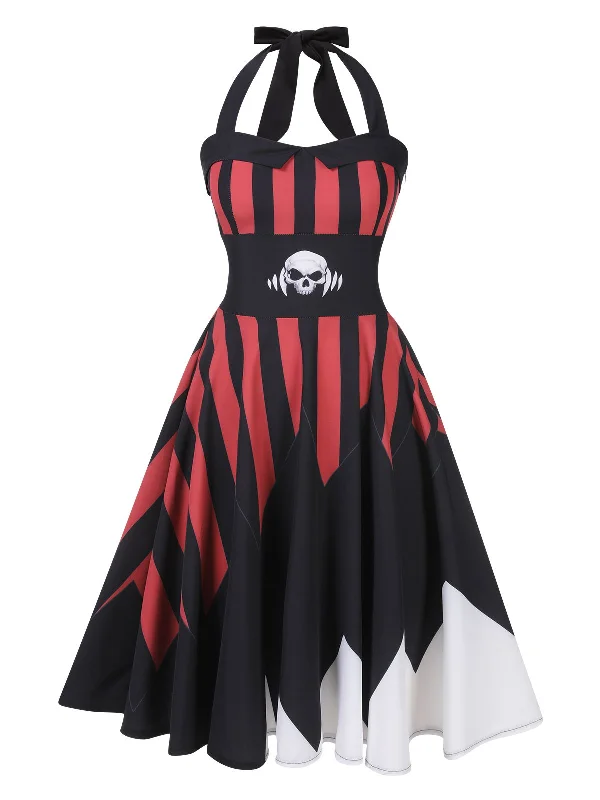 Black&Red 1950s Halloween Halter Skull Dress