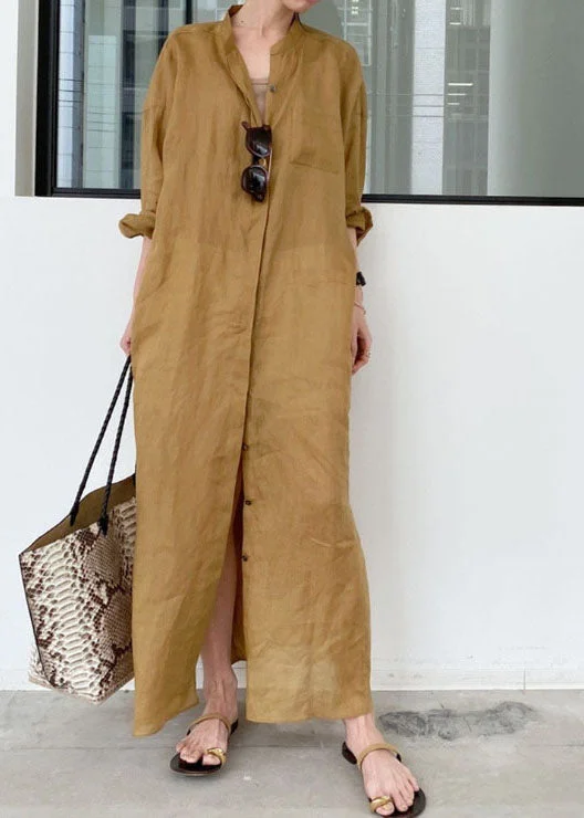 Khaki Linen Long Dresses Stand Collar Oversized Spring
