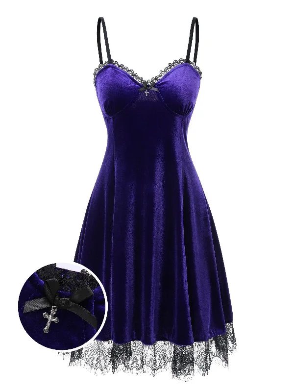 Bright Purple 1980s V-Neck Lace Velvet Dress