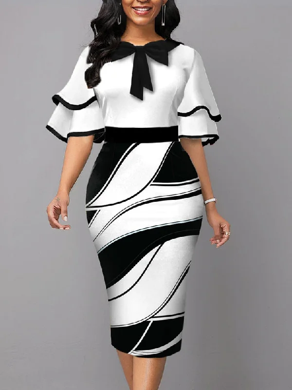 Bow Decoration and Lotus Leaf Sleeves Work Dress