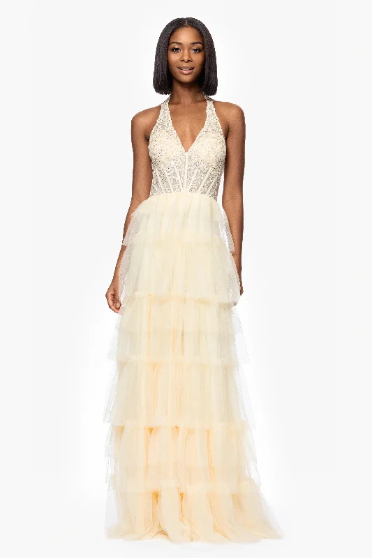 Blondie Nites"Velma" Long Mesh Halter Neck Applique and Ruffle Skirt Dress