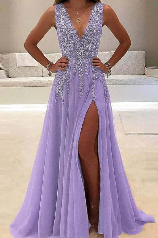 A line Tulle V Neck Pink Prom Dresses Long Backless Evening Dresses