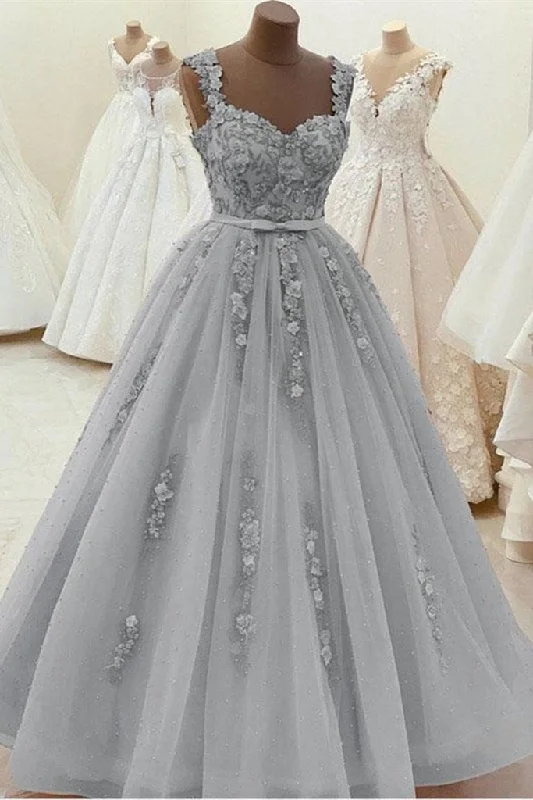 Gorgeous Sweetheart Neck Beaded Gray Floral Lace Prom Dress, Grey Floral Lace Formal Dress, Gray Evening Dress   cg12103