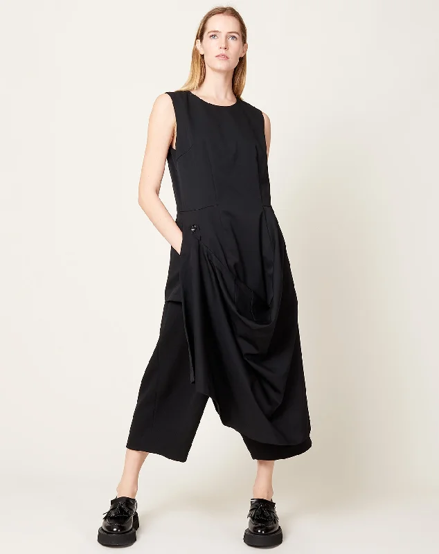 Wool Button Drape Dress in Black