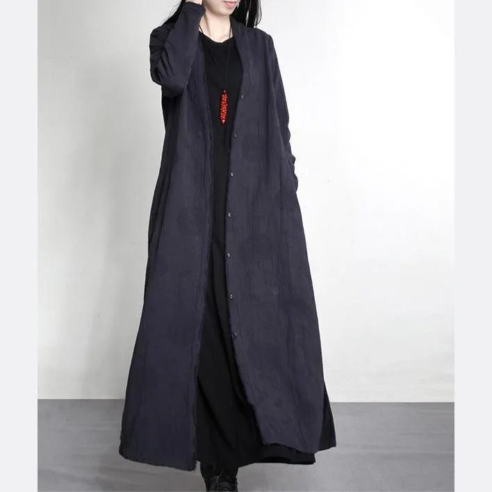 2017 thick navy jacquard linen outwear plus size solid elegant long trench coats side open