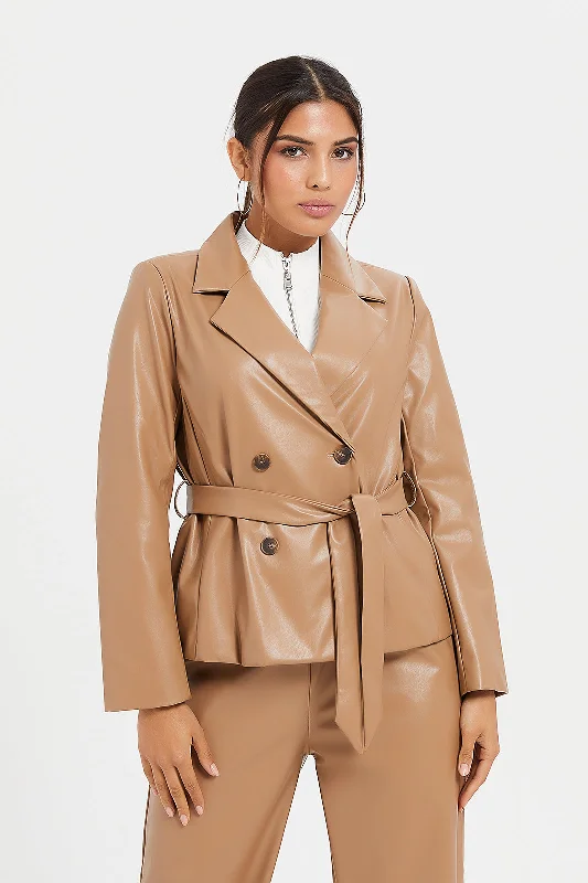 Women Beige Belted Jacket