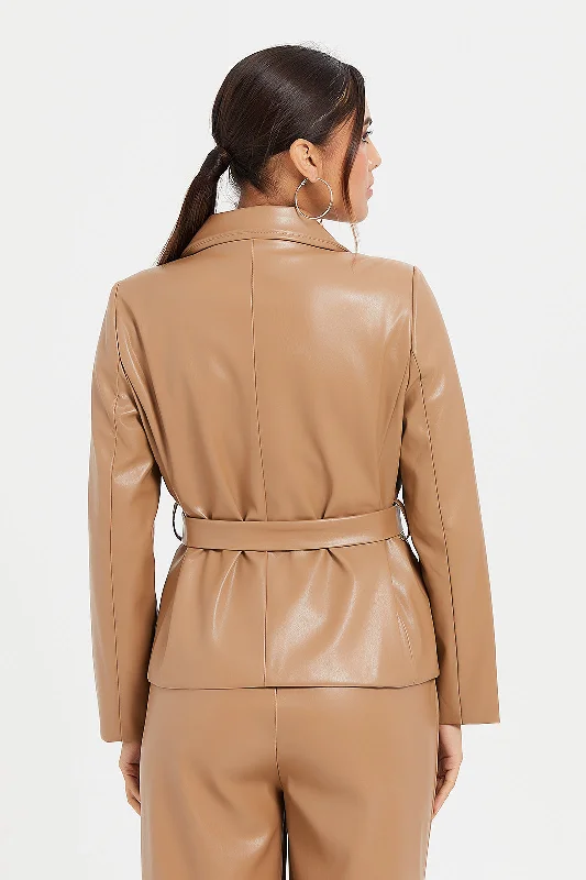 Women Beige Belted Jacket