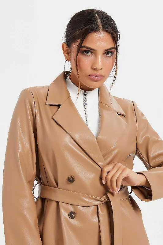 Women Beige Belted Jacket