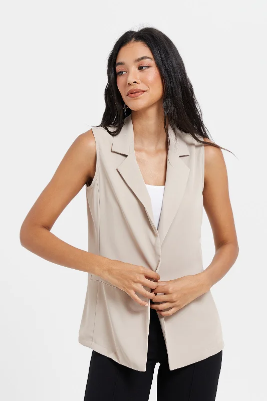 Women Beige Sleeveless Blazer