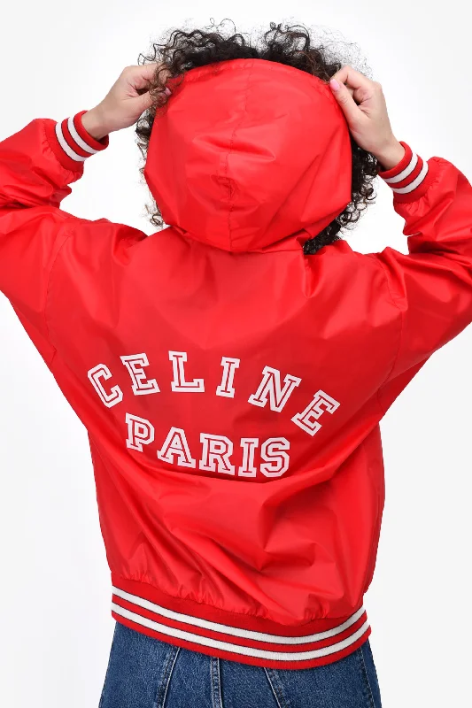 Celine Red Nylon Quarter Zip 'Celine Paris' Logo Windbreaker Size 38