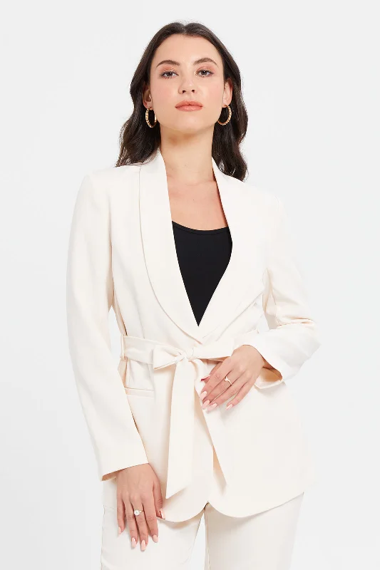 Women Ivory Long Sleeve Belted Blazer