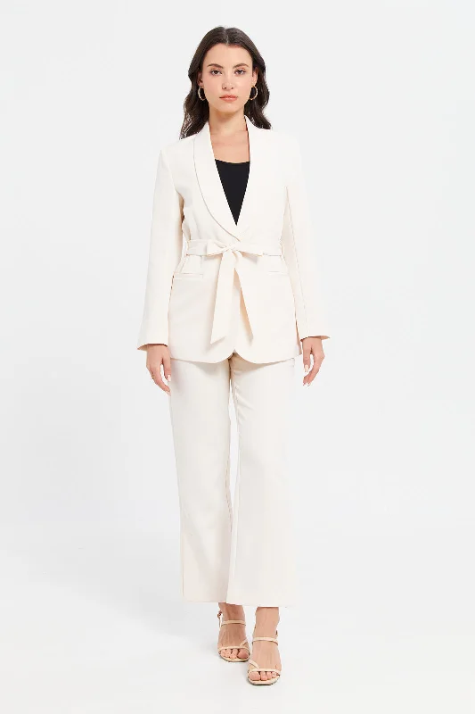 Women Ivory Long Sleeve Belted Blazer