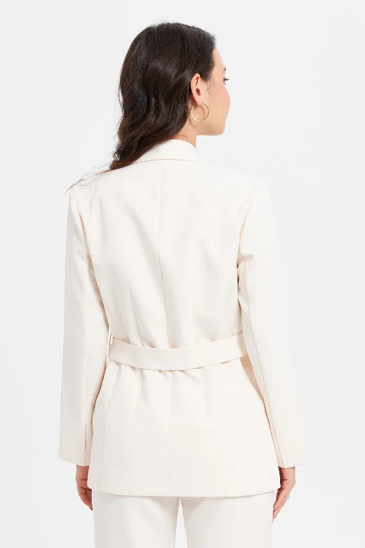 Women Ivory Long Sleeve Belted Blazer