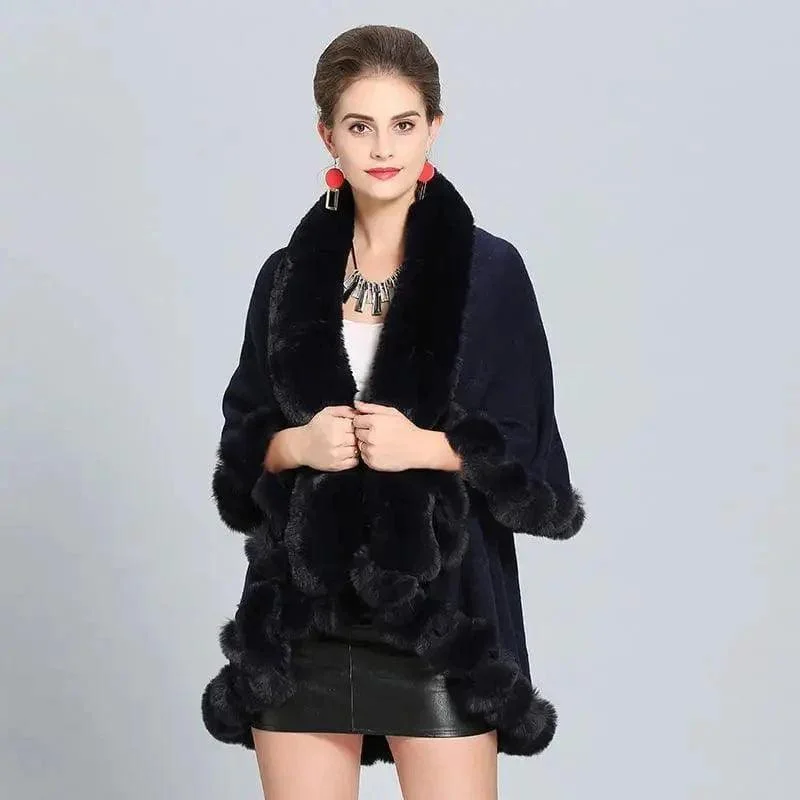 Loose Fox Fur Collar Double-layer Knitted Shawl Cloak Coat