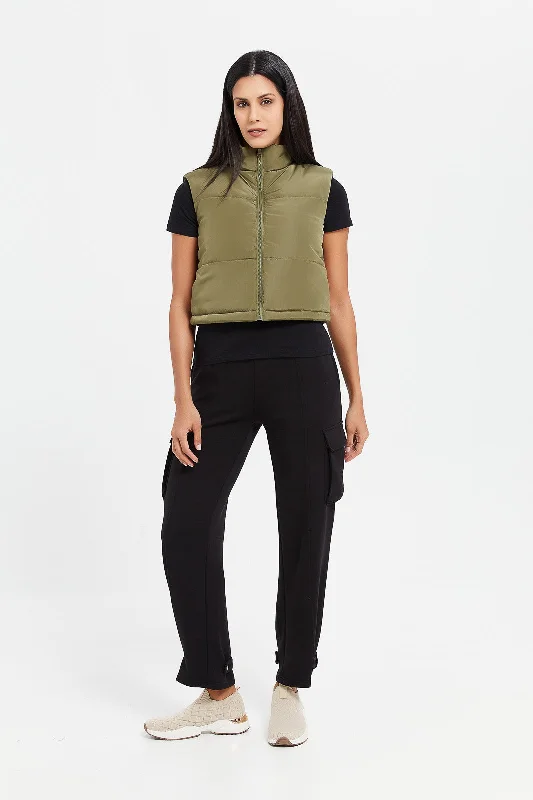 Women Olive Sleeveless Puffer Vest