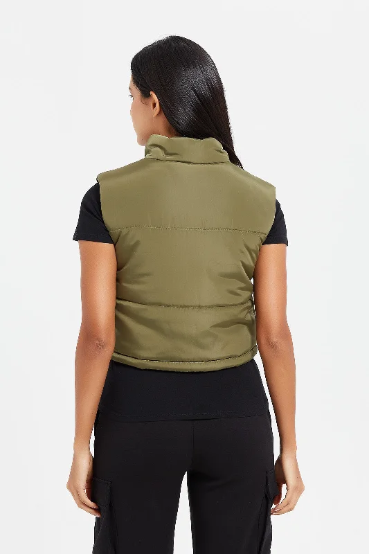 Women Olive Sleeveless Puffer Vest