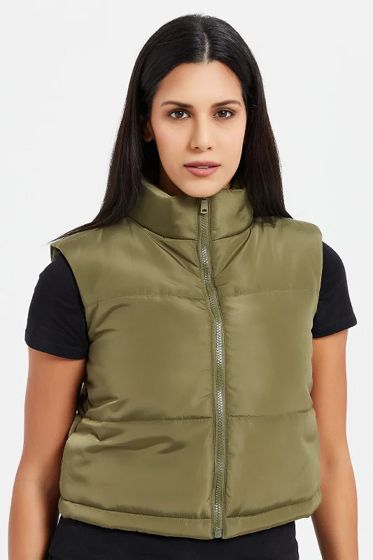 Women Olive Sleeveless Puffer Vest