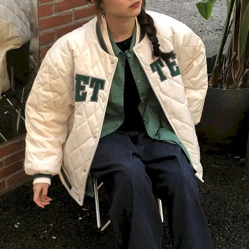 Winter Student Quilted Baseball Uniform Women Harajuku Style Loose Padded Couple Tops Female Trend Coat