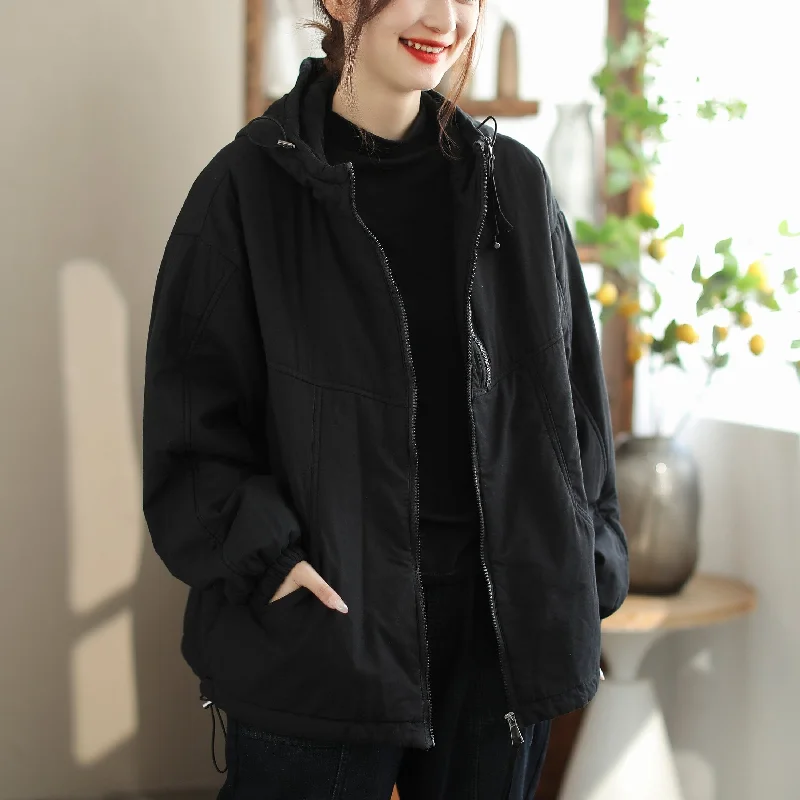 Women Fashion Loose Casual Solid Hooded Jacket