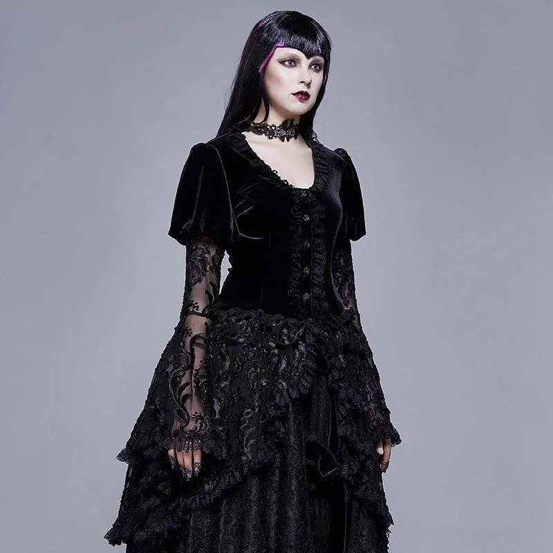 Women's Goth V-neck Lace Sleeved Velet Jacket