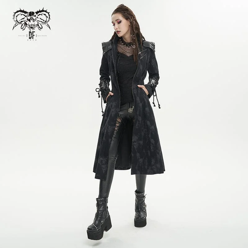 Women's Gothic Faux Leather Splice Distressed Coat with Hood