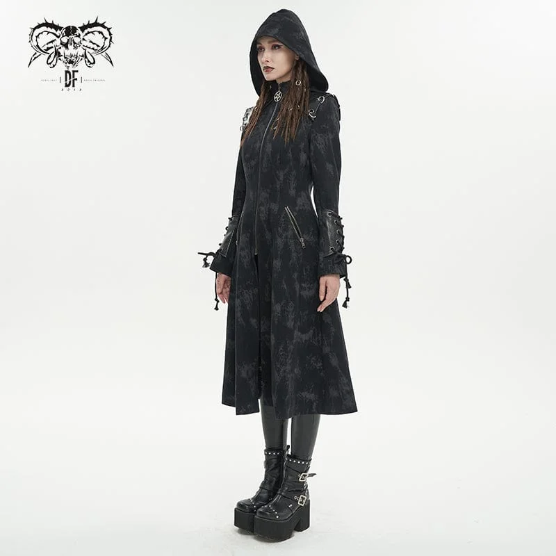 Women's Gothic Faux Leather Splice Distressed Coat with Hood