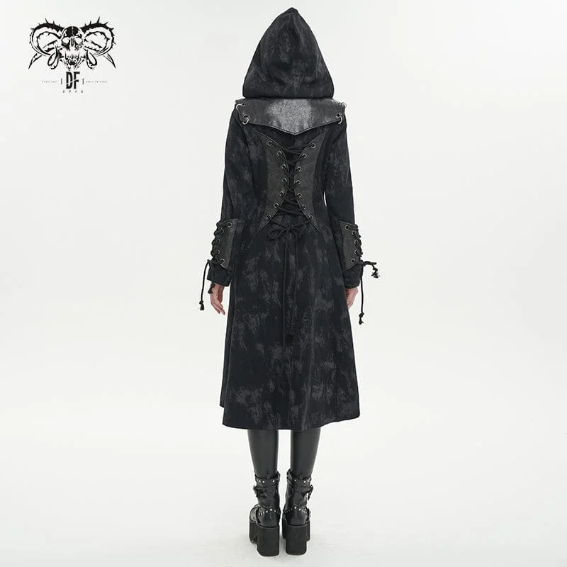 Women's Gothic Faux Leather Splice Distressed Coat with Hood