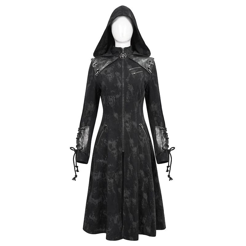 Women's Gothic Faux Leather Splice Distressed Coat with Hood