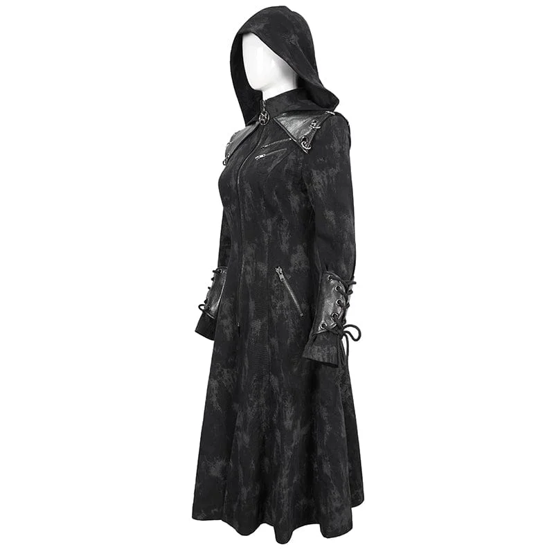 Women's Gothic Faux Leather Splice Distressed Coat with Hood