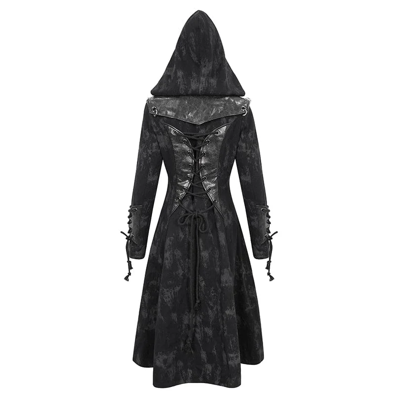 Women's Gothic Faux Leather Splice Distressed Coat with Hood