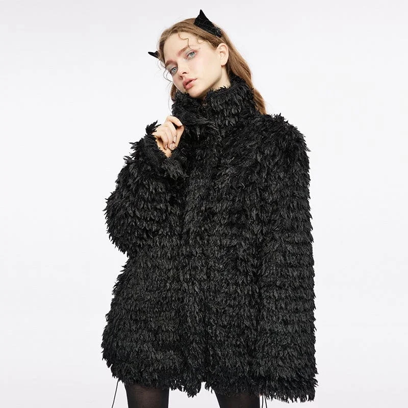 Women's Punk Stand Collar Drawstring Woolen Coat