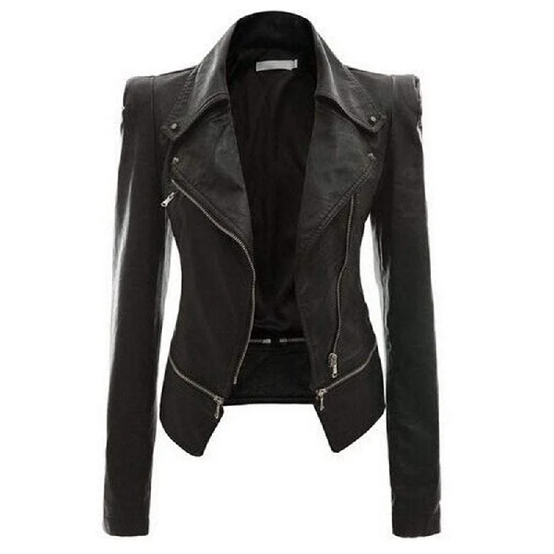 Women's Punk Turn-down Collar Zipper Faux Leather Jackets