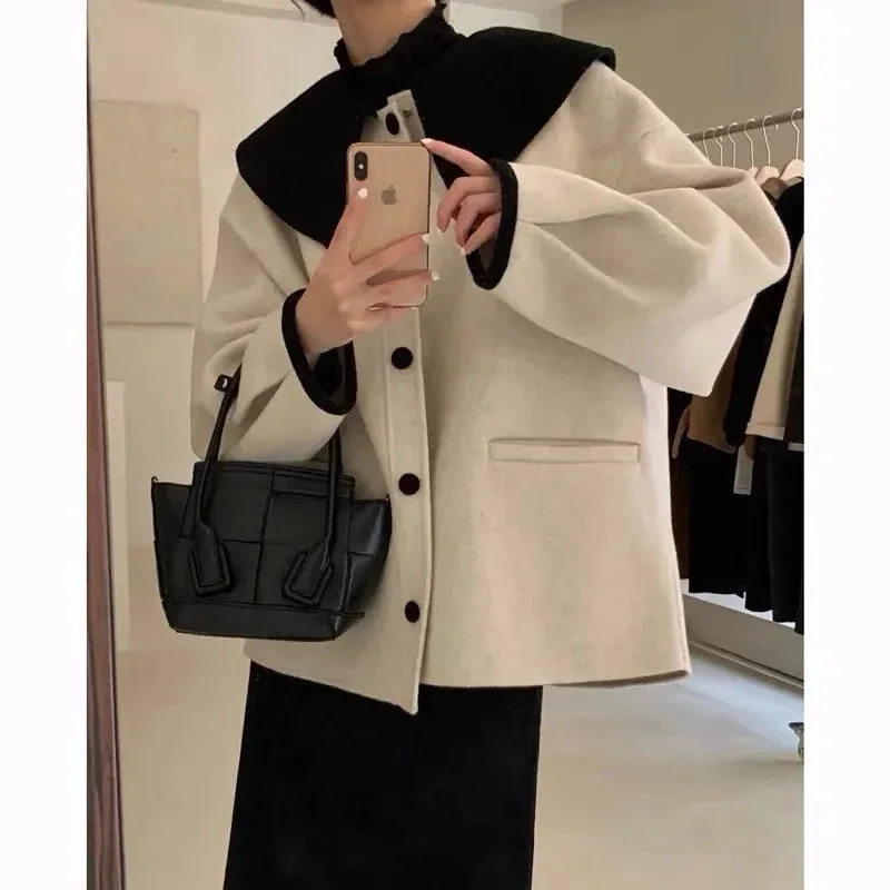 Znbbw Wool Blends Coats Women Korean Cropped Woolen Overcoat Sweet Peter Pan Collar Short Jackets Streetwear Casual Outwear