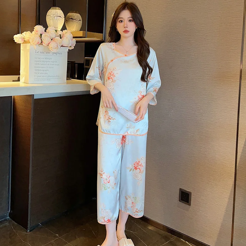 2-pieces Silk Blend Chinese Style Loungewear Floral Sleepwear Bathrobe