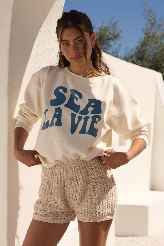 ""Sea La Vie"" Coconut White Burnout Fleece Crewneck