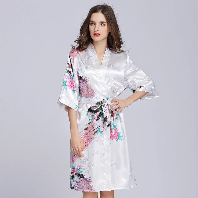 Half Sleeve Peacock Pattern Silk Kimono Yukata Sleepwear