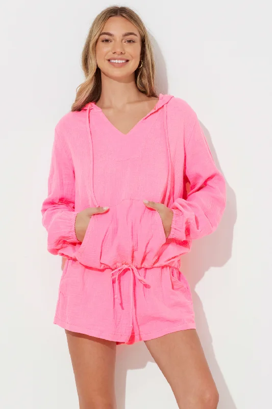 Hot Pink Solid Gauze Hoodie W/ Cinch Waist