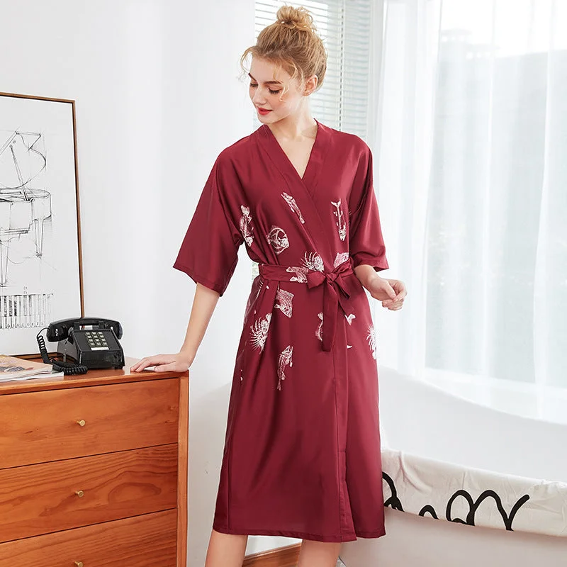 Marine Organism Pattern Knee Length Silk Sleepwear Pyjamas Morning Robe