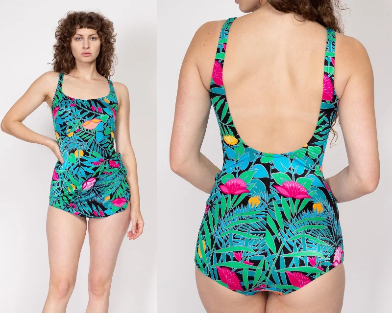 Medium 70s 80s Tropical Floral & Leaf Print One Piece Swimsuit