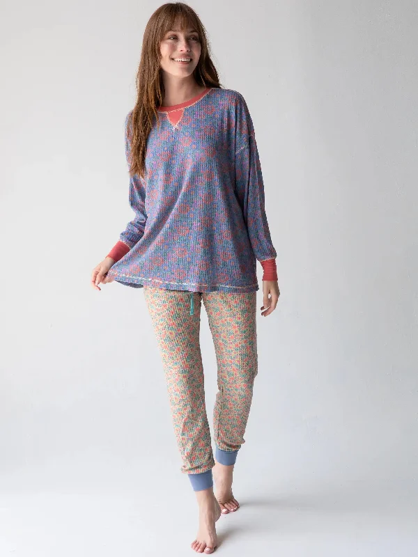 Mix & Match Waffle Pajama Top - Red Washed Navy Zinnias