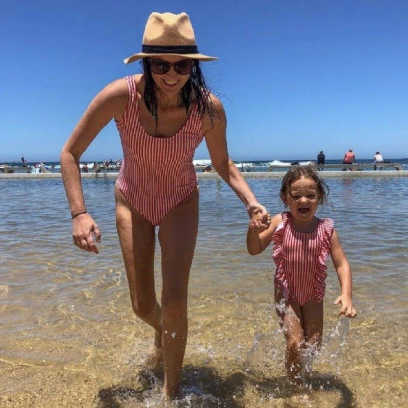 Matching Swimwear, Girls' One Piece Swimsuit, Red and White Classic Stripe