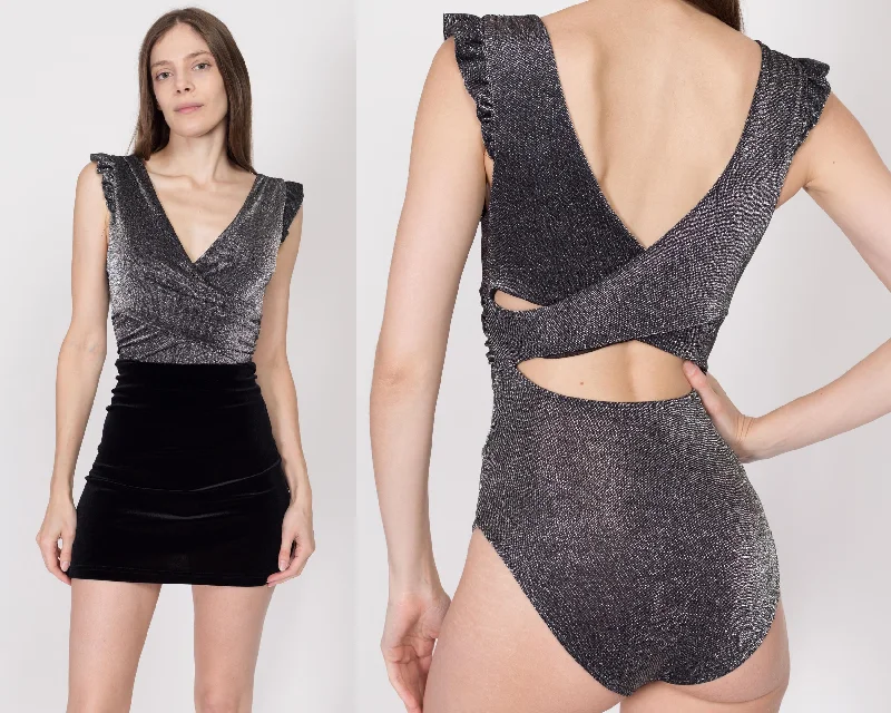 Small Y2K Silver Lurex Leotard Bodysuit