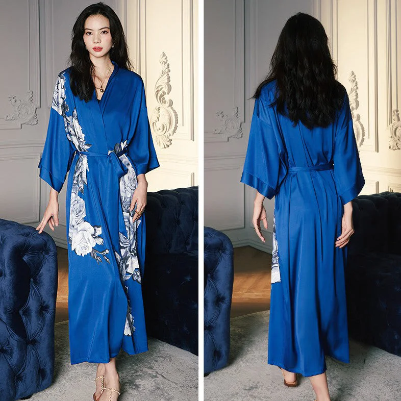 V Neck Full Length Floral Silk Sleepwear Pyjamas Morning Robe