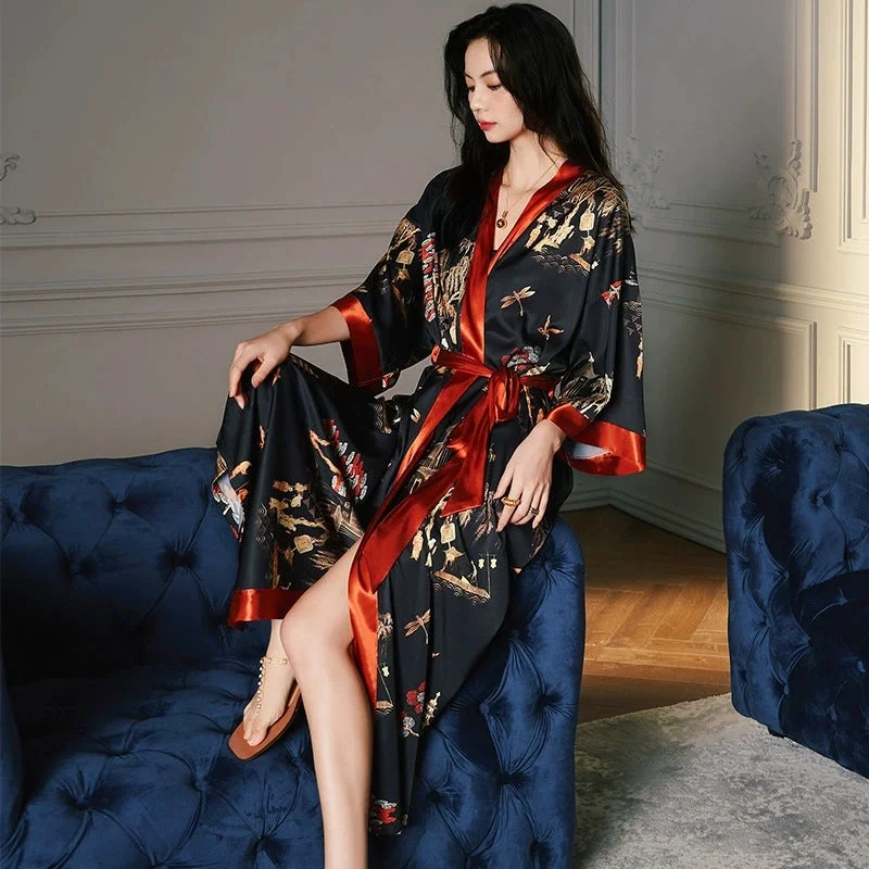 V Neck Full Length Floral Silk Sleepwear Pyjamas Morning Robe