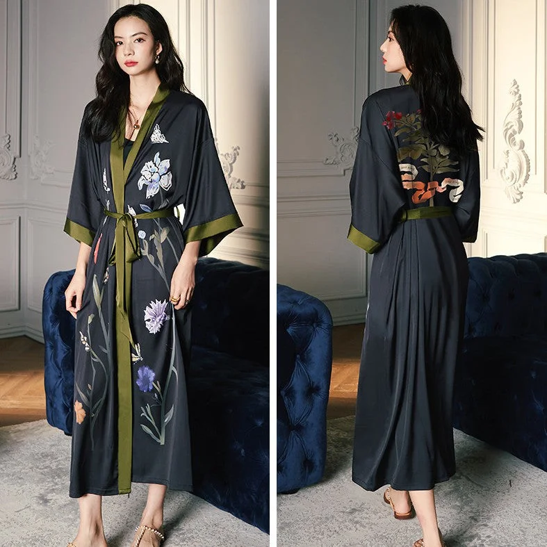 V Neck Full Length Floral Silk Sleepwear Pyjamas Morning Robe