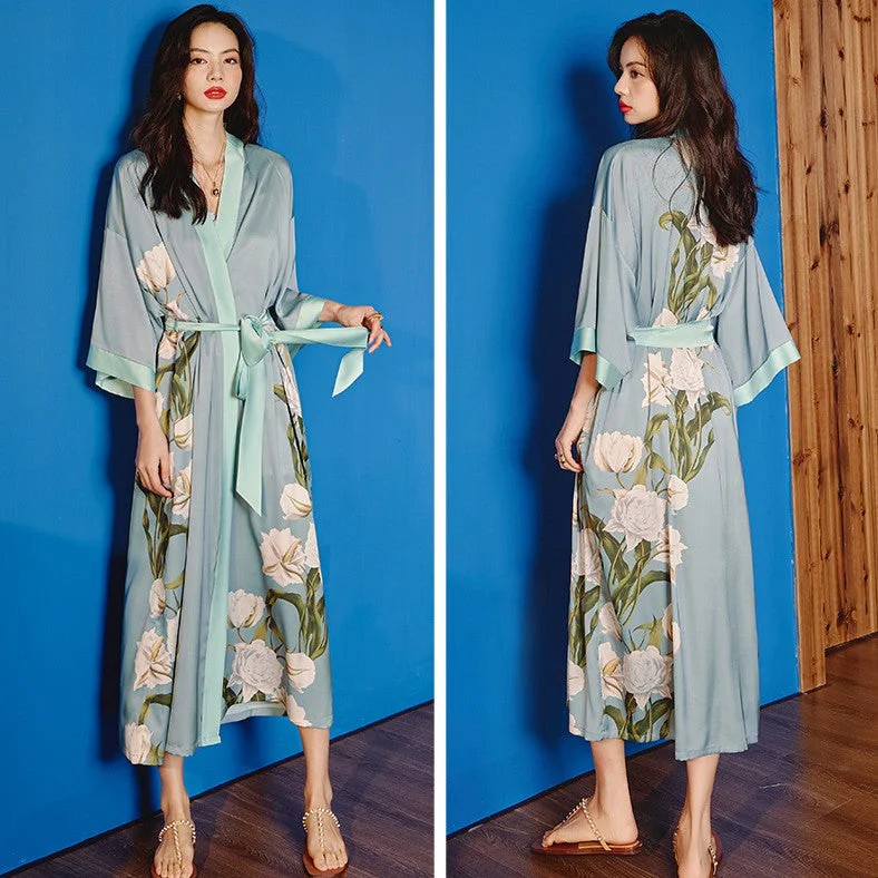 V Neck Full Length Floral Silk Sleepwear Pyjamas Morning Robe